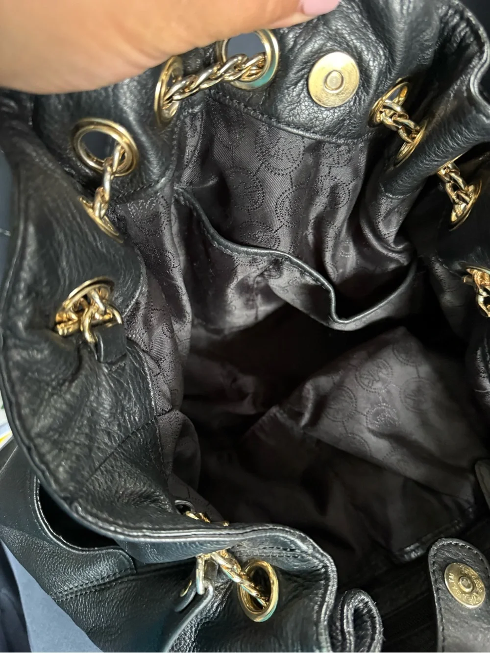 Michael Kors Black Leather Satchel with Gold-Tone MK Charm